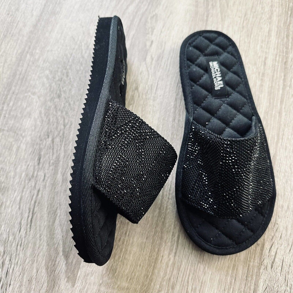 Michael Kors Black Open Toe Rhinestone Fabric Slippers - Picture 2 of 3